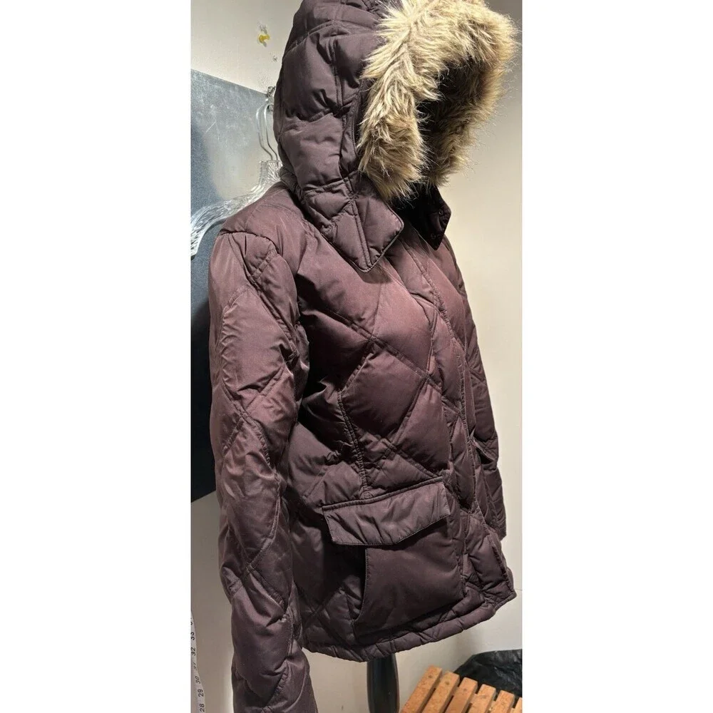 Lands' End Brown Goose Down Diamond Quilted Faux Fur Hood Puffer Jacket M 10-12